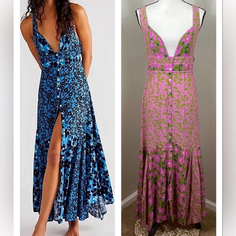 NEW Free People Dewberry PINK GREEN strappy back plunge maxi button front dress
